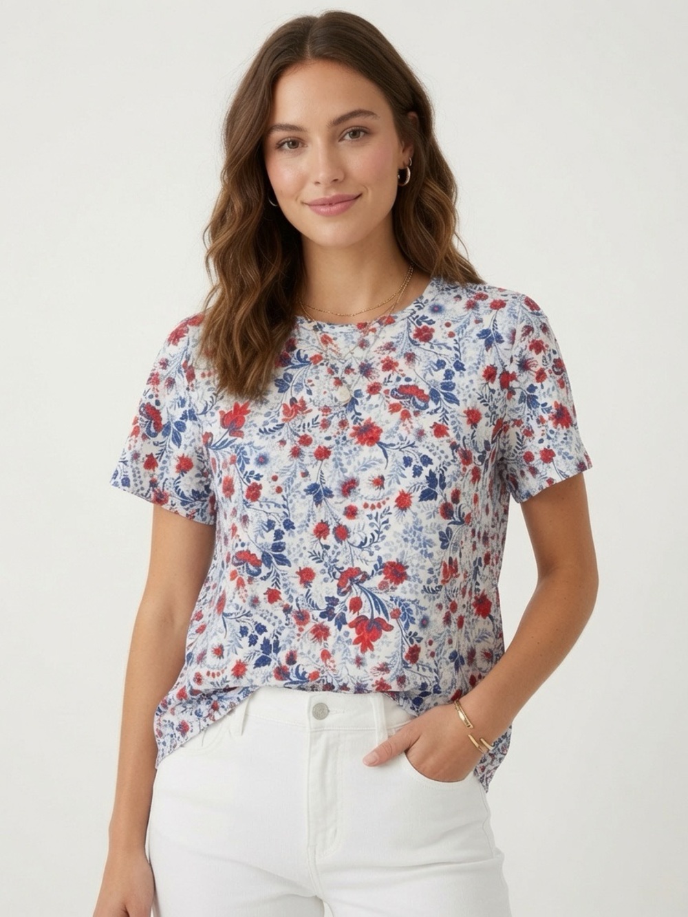 Ann Taylor Petite Red White Blue Floral Flutter Sleeve Blouse Top Size XXSP
